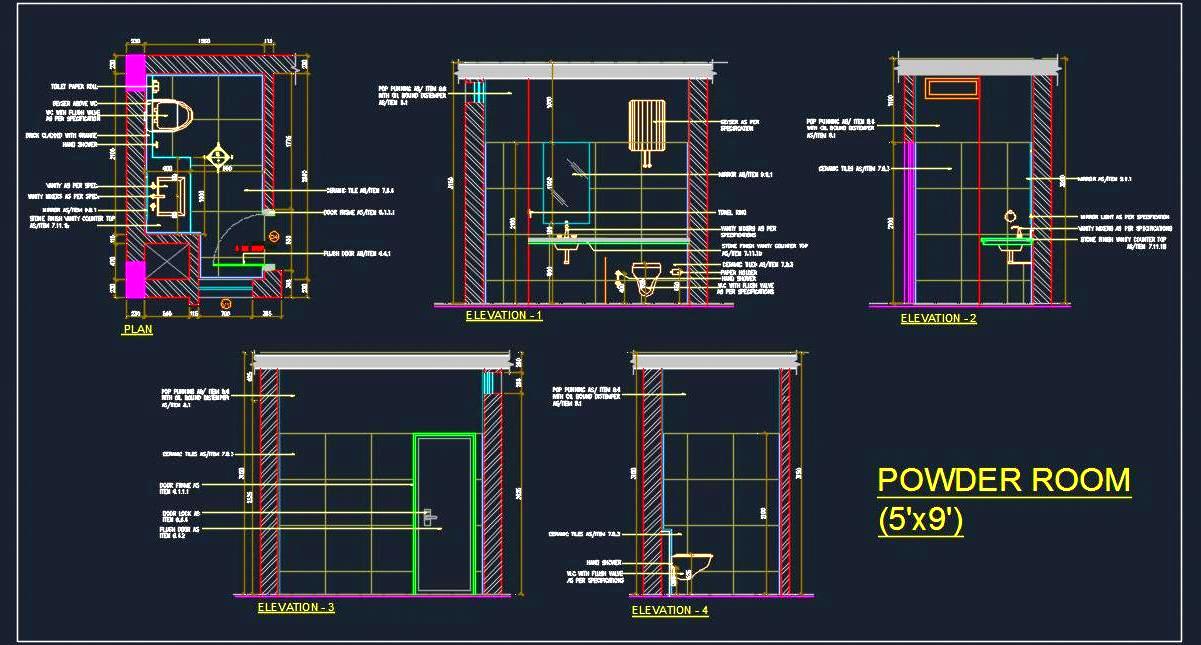 Powder Room 5'x9' with Complete Design CAD Details